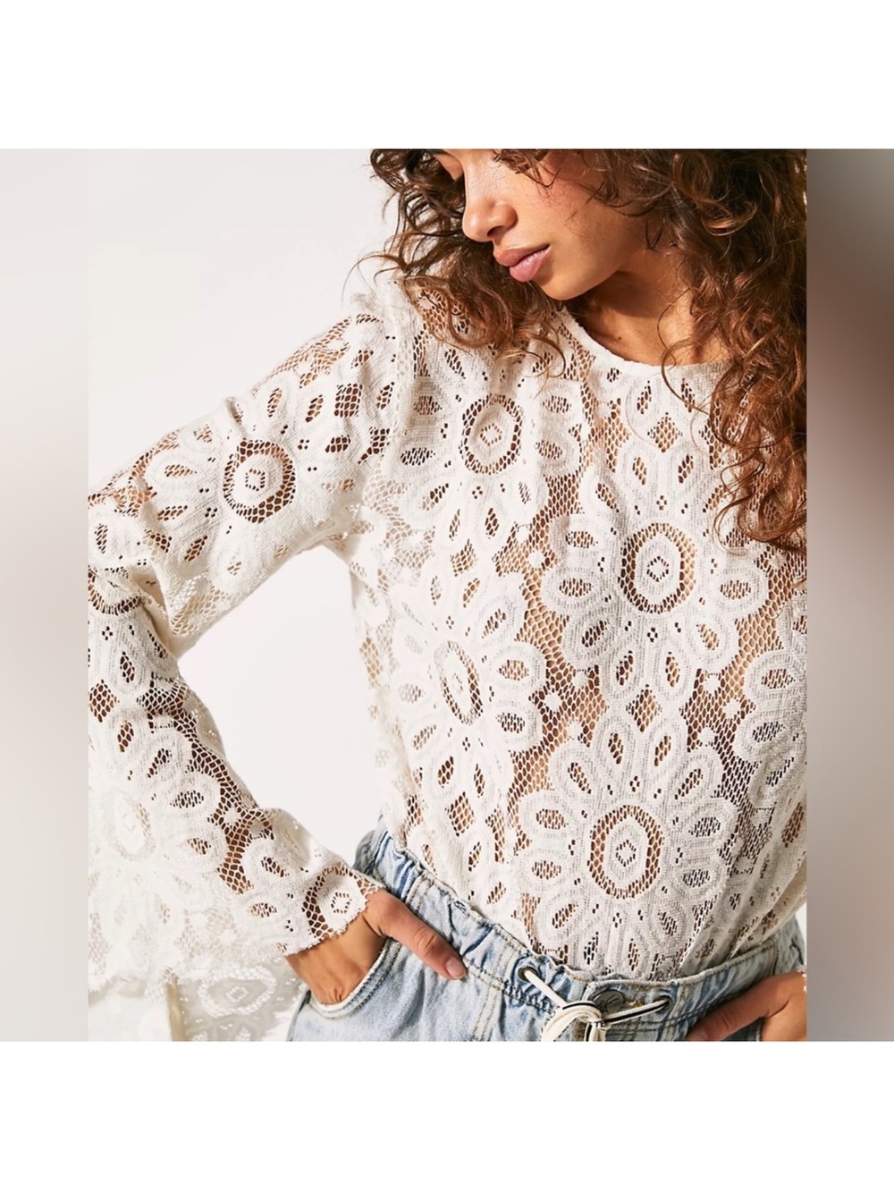Free People Ivory Floral Lace Long-Sleeve Bodysuit